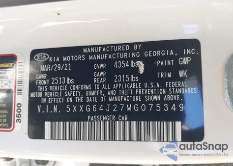 2021 Kia K5 Gt-Line из США, поврежденный, VIN 5XXG64J27MG075349